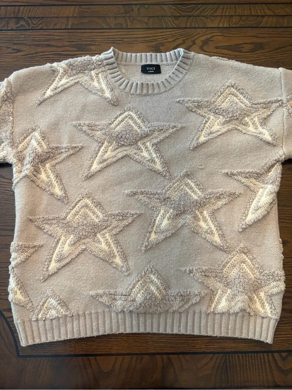 Vici Taupe Star-Detail Oversized Crewneck Sweater
